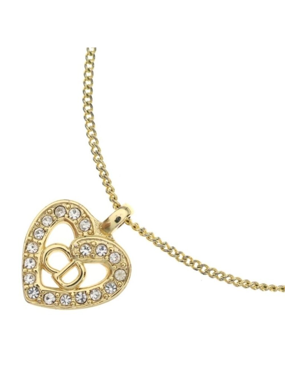 Dior CD Logo Rhinestone Heart Pendant Chain Gold Necklace